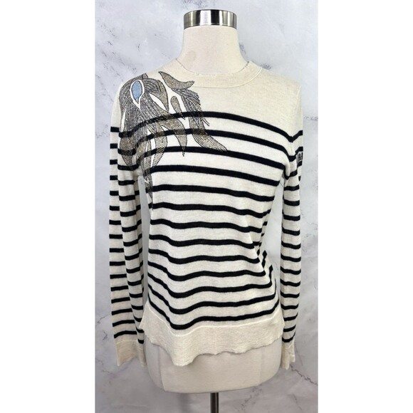 Zadig & Voltaire Cashmere Sweatshirt Sz M Thin Striped Bling Rhinestone Sweater - Picture 3 of 16